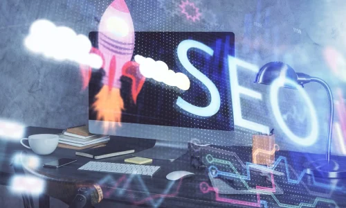 multi exposure of table with computer and seo drawing hologram. search optimization concept.