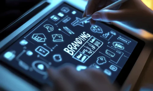 a person using digital tablet and pen with icons of social media and digital marketing tools, writing the word branding on it